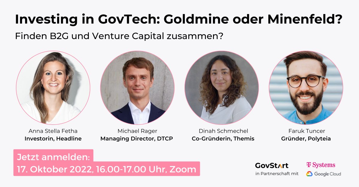 Last chance: Jetzt noch für unsere "Investing in #Govtech" Diskussion heute um 16.00 Uhr anmelden!  Mit Anna Stella Fetha (<a href="/HeadlineVC/">Headline</a>), Michael Rager  (<a href="/dtcp_capital/">DTCP</a>), <a href="/dinahschmechel/">Dinah Schmechel</a> &amp; <a href="/FarukTncr/">Faruk Tuncer</a>.
us02web.zoom.us/meeting/regist…
Mehr Infos: 
mailchi.mp/c653f610170e/j…