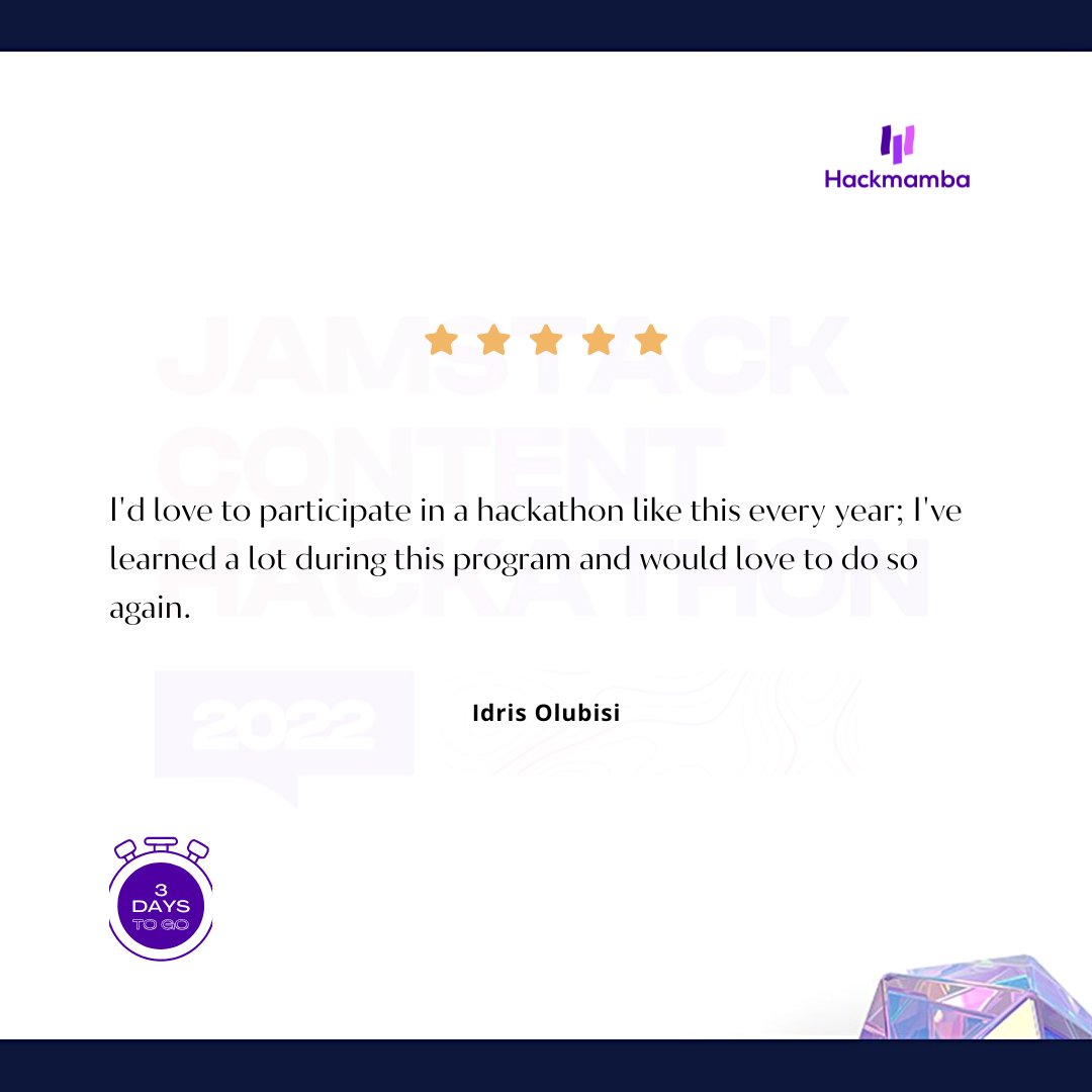 hackmamba's tweet image. In preparation for the kickoff, here&apos;s a random sample of reviews from the participants of Hackathon 1.0 🤩

Are you pumped up for this chilling experience as much as we do? 🤞

Only three days to go!

#hackathon2022 #technicalwriting #softwaredevelopment #technicalwriters