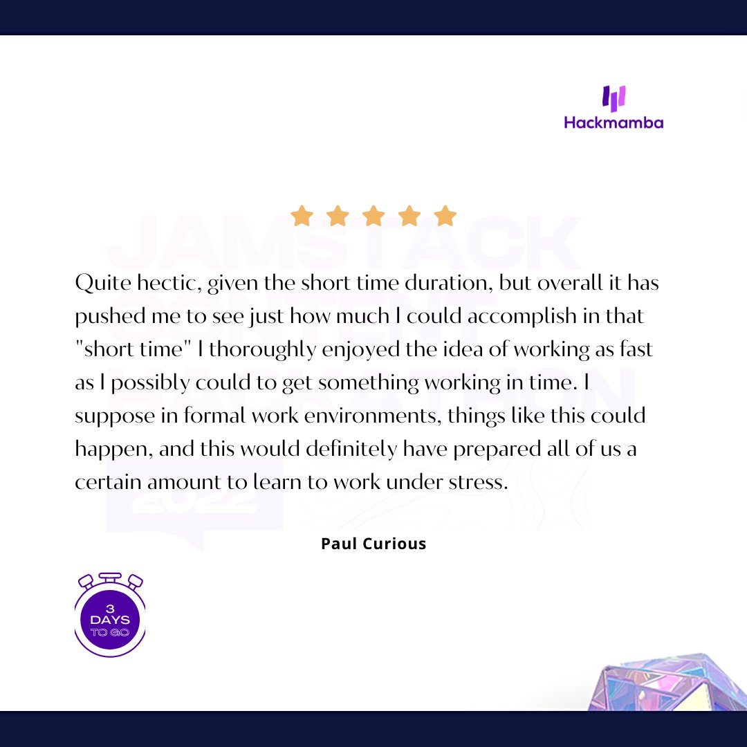 hackmamba's tweet image. In preparation for the kickoff, here&apos;s a random sample of reviews from the participants of Hackathon 1.0 🤩

Are you pumped up for this chilling experience as much as we do? 🤞

Only three days to go!

#hackathon2022 #technicalwriting #softwaredevelopment #technicalwriters