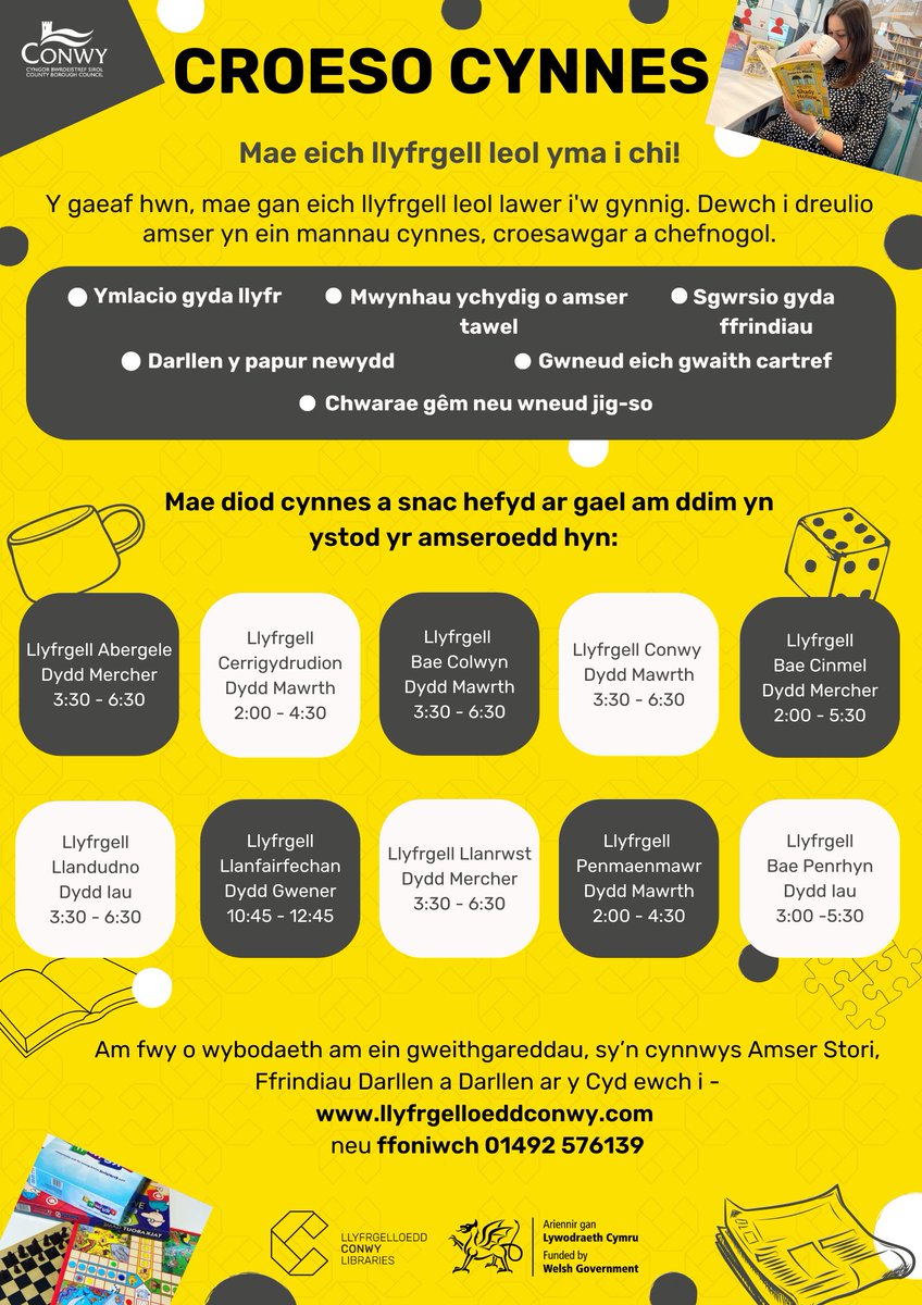 LlyfrgelloeddC's tweet photo. Bydd Llyfrgelloedd Conwy’n dal i gefnogi ein cymunedau’r gaeaf hwn drwy gynnig trysorfa helaeth o lyfrau, mynediad at wybodaeth a gweithgareddau mewn lle croesawgar a chynnes braf!📚 

Bydd diod boeth a snac i’w fwyta ar gael ar y diwrnodau isod.☕

#carullyfrgelloedd @CBSConwy https://t.co/sszjUSKtg5
