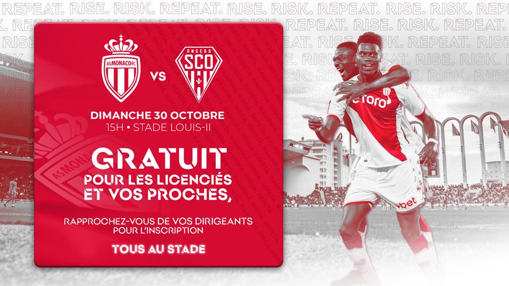 A l'occasion de la réception d'Angers le dimanche 30 octobre prochain à 15h00, l' <a href="/AS_Monaco/">AS Monaco 🇲🇨</a>  invite les clubs amateurs en partenariat avec la <a href="/lmedfoot/">Ligue Méditerranée</a>.

Pour plus d'infos : bit.ly/3g0Q1Lr 

L'AS Monaco et la Ligue espèrent vous voir nombreux au stade Louis II ! 🔴
