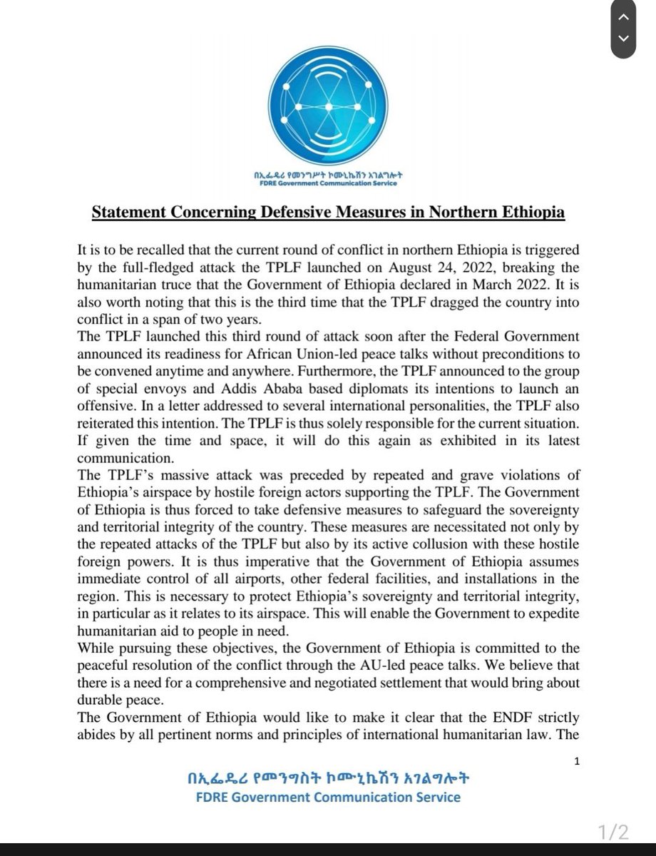 HermelaTV's tweet image. NEW Ethiopia Gov: Committed to AU-led peace talks. This 3rd time in 2yrs TPLF launched war - known 2use civilians as shields, Ethio Army given strict orders 2prevent civilian casualties, reiterate duty2 “protect our citizens in Tigray” @FdreService #NoMore #TPLFMustGo #DisarmTPLF