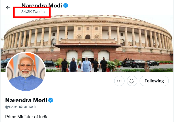 बस 2019 में प्रधानमंत्री मोदी जी के हैंडल से 40 हजार से ज्यादा ट्वीट हुए हैं. 2009 से अब तक कुल ट्वीट्स की संख्या 70 हजार पार है.

#MainBhiChowkidar कैंपेन के दौरान 39 हजार तो बस BOT ने ट्वीट किया है.

ऐसे में @Twitter उनके प्रोफाइल में 34.3K ही ट्वीट्स क्यूँ दिखा रहा है? 🤔