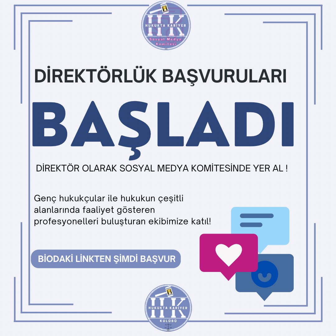📢Sosyal Medya Komitesi takım arkadaşlarını arıyor! Direktörlük başvuruları açıldı. Başvuru için son gün 24 Ekim.

🔗Biodaki linkten formu doldurabilirsiniz.

#iühf #hukuktakariyer