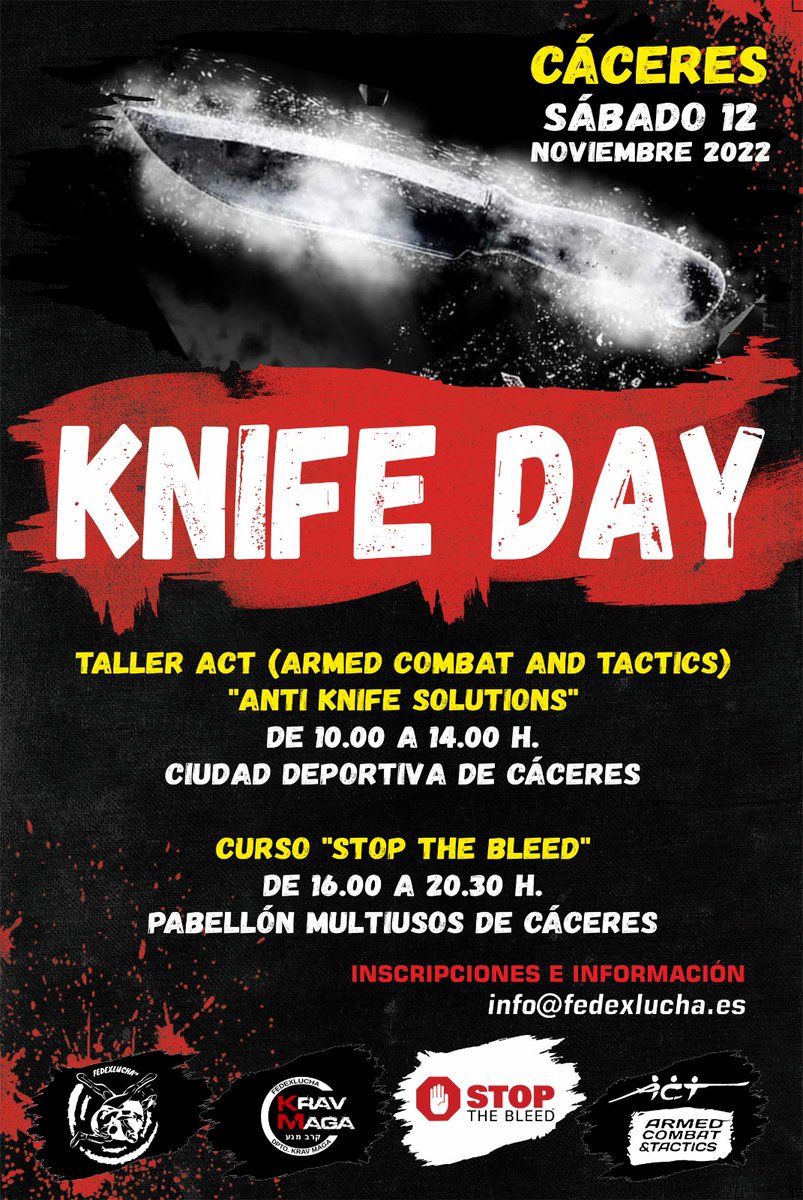El próximo día 12 de noviembre de 2022 tendrá lugar en Cáceres, una formación sobre ACT (Armed Combat and Tactics) y “Stop the Bleed” organizado por la Federación Extremeña de Lucha.

Info e inscripciones: info@fedexlucha.es