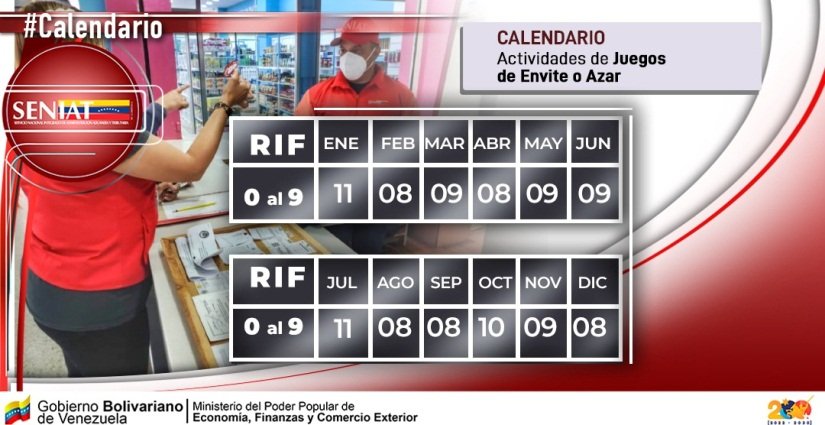 Calendario de Actividades de Juegos de Envite o Azar. 
#SENIATPotenciaLaEconomía 
#RecaudamosParaLaPatria