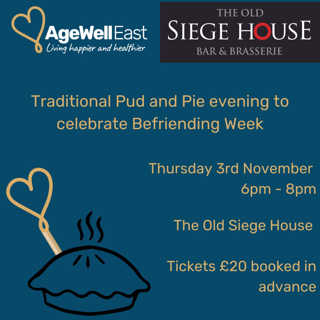 Agewelleast's tweet photo. Don't forget booking is open for our traditional Pud and Pie evening at the @oldsiegehouse in Colchester.
Thursday 3rd November 6pm - 8pm.
Tickets are £20 each and must be booked in advanced.
Book online: https://t.co/ixXLGrZEk0... https://t.co/sNyQwBkWnp
