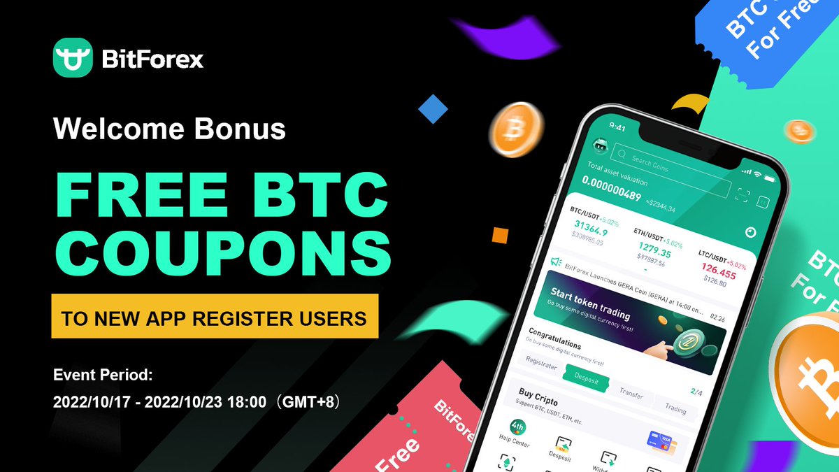 📲Welcome Bonus: FREE #BTC COUPONS To New APP Register Users How to  participate: 🟢Follow Twitter& IG. 🟢Retweet & tag 3 friends to join.  🟢Register on BitForex APP and complete the primary login.