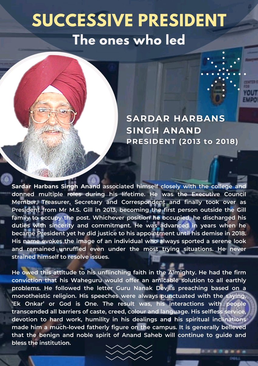 GNC_Chennai's tweet image. #SUCCESSIVE #PRESIDENT

SARDAR HARBANS SINGH ANAND
PRESIDENT (2013 to 2018)

#gurunanakcollege #gnc_chennai #50yearsofgurunanakcollege #GuruNanakCollegeChennai #educationinchennai #gurunanakeducationalsociety