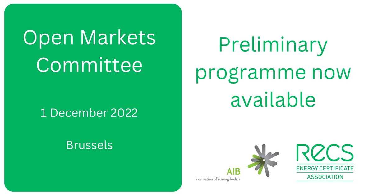 RECS and the AIB - Association of Issuing Bodies are organising the annual Open Markets Committee (OMC) for its members. A preliminary programme is now available and registration is open.

For details and registration go to: bit.ly/3s7c2Lj

#renewableenergy #renewables