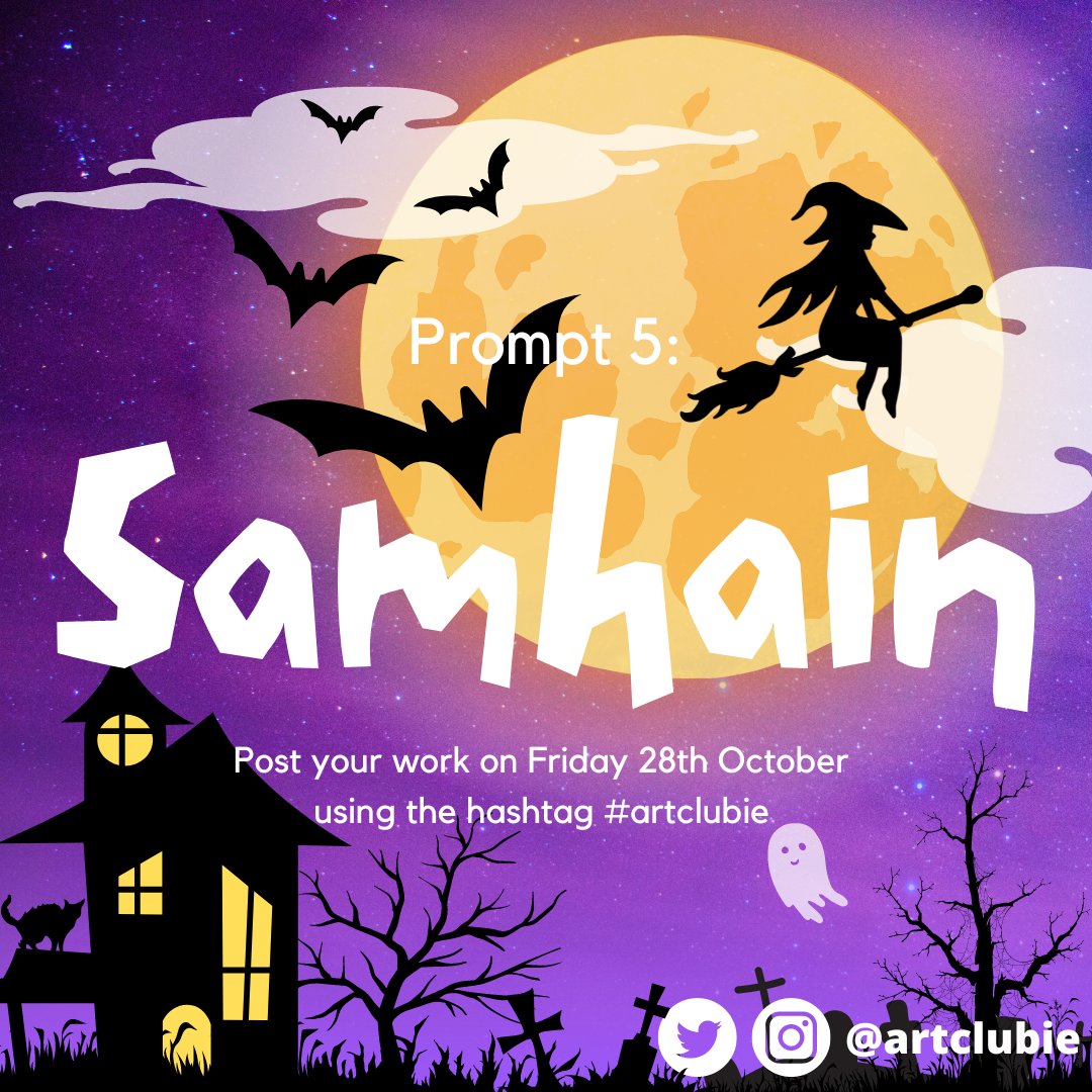 Hi everyone!

Our next prompt is 🎃Samhain🎃 so we want to see you get mysterious and spooky and altogether ooky!

Posting day is Friday the 28th of October!  Remember to use the hashtag #artclubIE so we can find and share your work! ☘️

#drawingprompts #artchallenge #irishartist