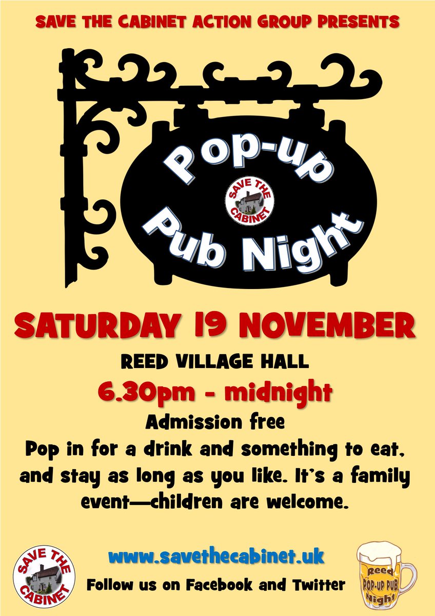 SaveTheCabinet's tweet photo. We're pleased to announce our next Pop-up Pub Night.  It will take place at Reed Village Hall on Saturday 19 November.  Please put the date in your diary now! https://t.co/09TmycGDU6