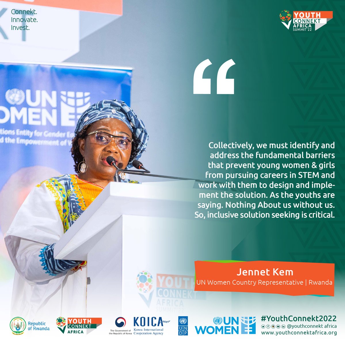 Joint efforts are required to ensure women and girls are strategic contributors to development. So, inclusive solution-seeking is critical, @JennetKem speaking at the #ConnektedGirlsHub at #YouthConnekt.