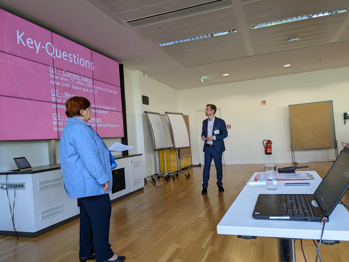 richteas's tweet photo. Elke Schneider and Stefan Bauer @baua_de moderating a symposium on heat, UV radiation and solar exposure, extreme weather during #G7 OSH networking event @dguv_iag @DGUV https://t.co/hqa93uNQHr