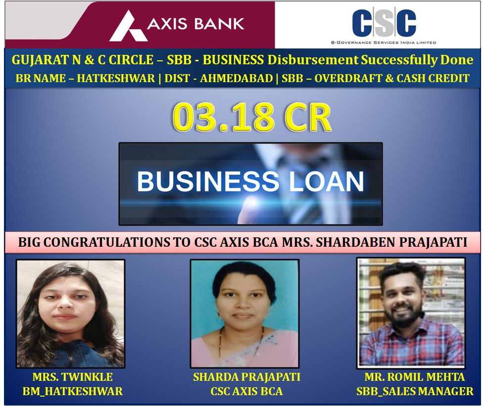 BIG CONGRATULATIONS TO CSC AXIS BCA MRS. SHARDABEN PRAJAPATI

GJ N &amp; C CIRCLE_SBB-BUSINESS Disbursement Successfully

BR NAME – HATKESHWAR | DIST AHMEDABAD | SBB – OVERDRAFT &amp; CASH CREDIT
<a href="/CSCegov_/">CSCeGov</a> <a href="/ceo_csc/">CEO_CSC e-Governance</a> <a href="/CSCGujarat/">CSC Gujarat</a> <a href="/JayBhanushali80/">Jayesh Bhanushali</a> <a href="/OBEROI01732/">HARISH OBEROI</a> <a href="/mrug1965/">Mrugesh Suthar🇮🇳</a> <a href="/AxisBankSupport/">Axis Bank Support</a>