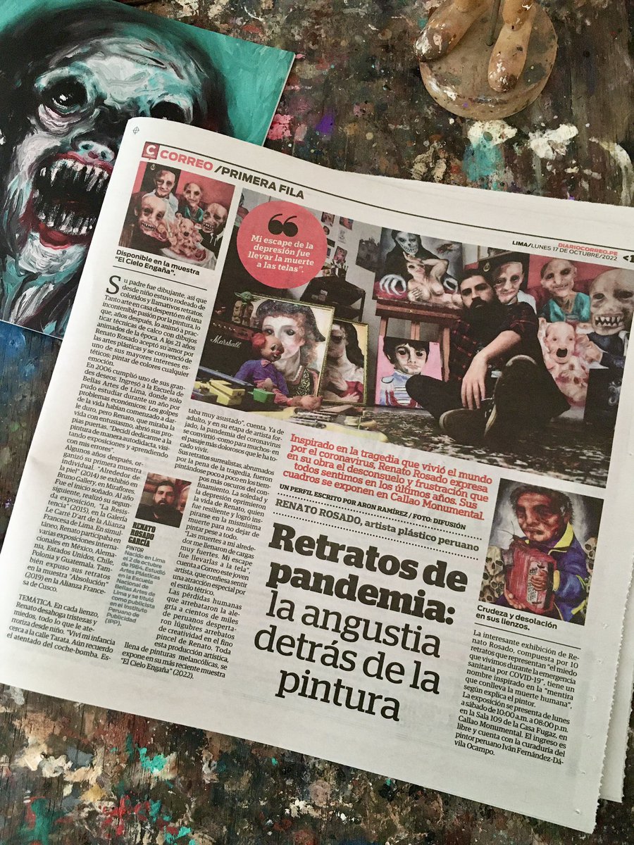 renatonomas's tweet photo. Gracias @diariocorreo por la entrevista sobre mi nueva individual en #monumentalcallao. Pueden visitarla de martes a domingo de 11 a 6 pm. Hay catálogos de regalo!
#elcieloengaña #pinturaperuana #artwork https://t.co/W8bz9wX0ty
