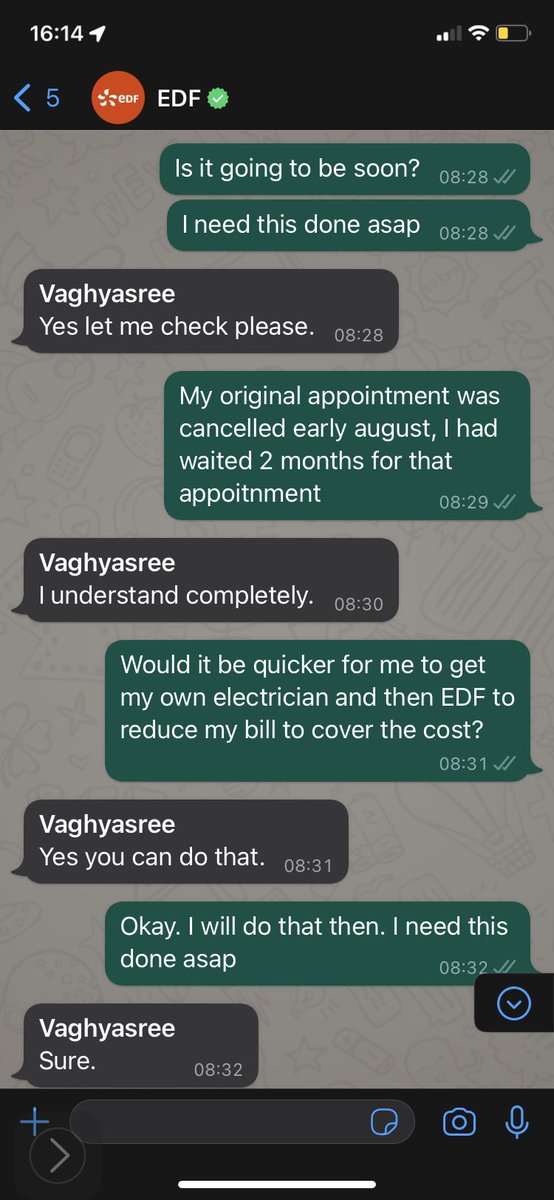 Amy_MacC's tweet photo. @jonsopel @edfenergy I couldn’t get through on ☎️, so used WhatsApp. 6+mnths of GroundhogDay trying to get an electrician to fix smart meter &amp; isolator switch, I asked if I could organise an electrician &amp; EDF would reimburse. 7/9/22: answer was yes (see pick), now EDF won’t pay! Unbelievable! https://t.co/PJYJcMEUVd