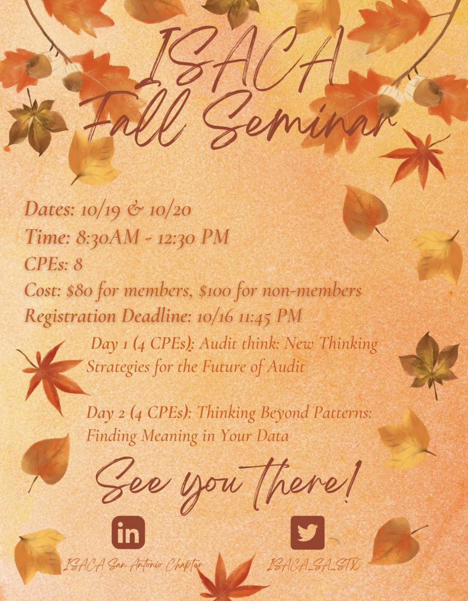 Registration deadline has been expected until the 18th!  Two more days to register for our fall seminar. Please see our website for additional details. 

lnkd.in/gfMHUB24