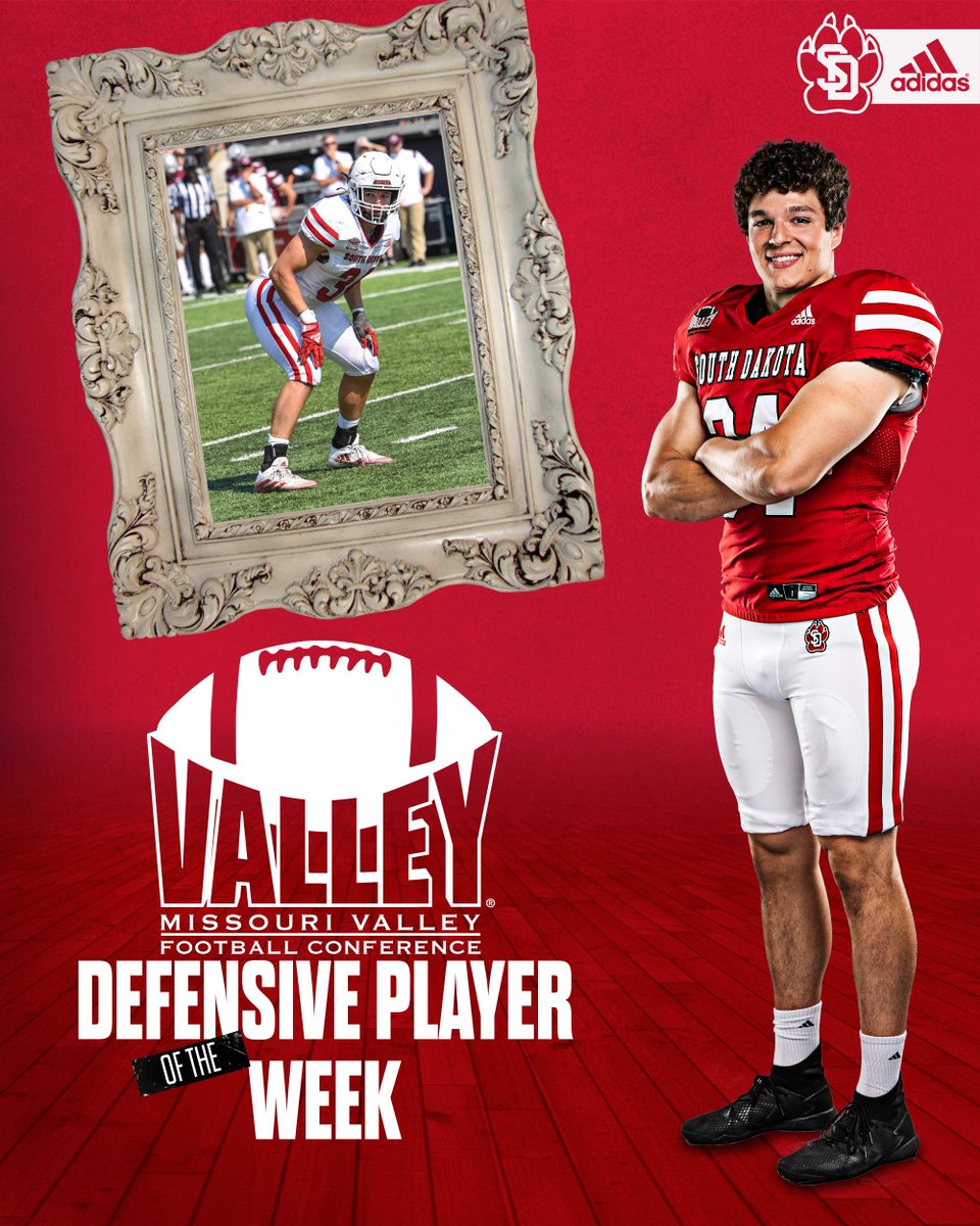 The Valley's leading tackler, Stephen Hillis, is this week's MVFC Defensive Player of the Week. He had two sacks, a forced fumble and broke up two passes Saturday at Illinois State. 📰: yote.us/3T7bgdb #WeAreSouthDakota x #GoYotes🐾