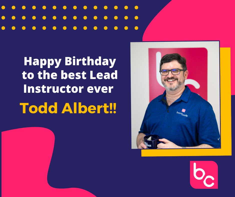 BocaCode's tweet photo. Happy birthday to Boca Code’s founder and lead instructor, Todd Albert! His knowledge and passion for our students, alumni, and for building the tech future of South Florida is unmatched. Todd - we hope you have an awesome birthday, with many more to come!
- The Boca Code Family https://t.co/v0lfHYaaFH