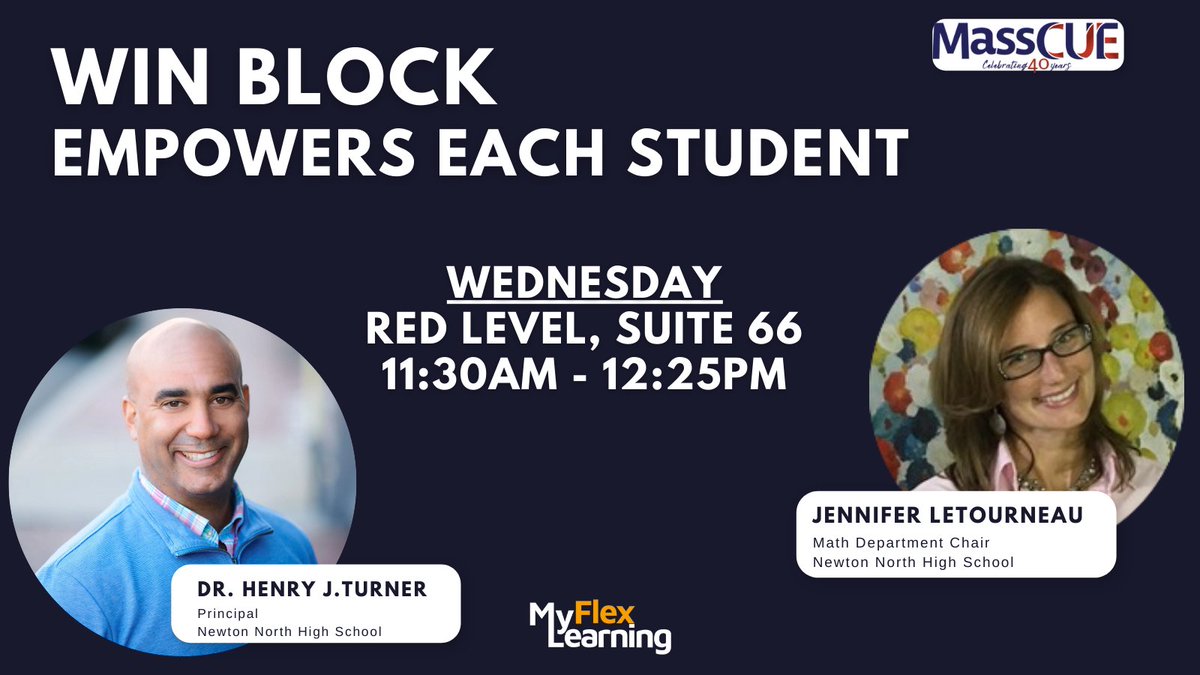 This #MassCUE session is going to be amazing! We have both Principal Dr. Henry J. Turner and Math Department Chair Jennifer Letourneau with us to discuss WIN at Newton North High School. You will not want to miss this! 
 
<a href="/turnerhj/">Henry Turner (he/him) 👊🏾👊🏽👊🏼</a> <a href="/MassCUE/">MassCUE</a> <a href="/nnhsprincipal/">Henry Turner</a>