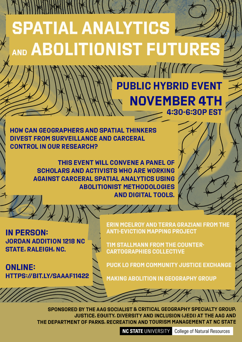 janebalaya's tweet photo. Want to learn more about divesting from carceral tech in geographic research? 
Making Abolition in Geography Group invites you to our hybrid event Nov 4. 4:30-6:30pm eastern
Spatial Analytics &amp; Abolitionist Futures 
Register here! https://t.co/6N4Nme8mOP https://t.co/lLAE4Vg07M