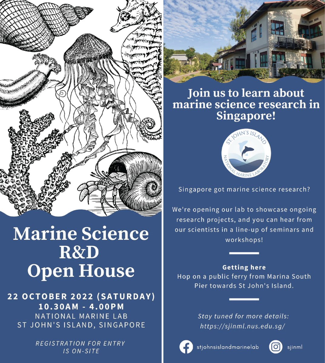 MeilinNeo's tweet photo. It's happening this weekend! #SJINML is having its Open House event, welcoming everyone to come see our facilities & meet our marine scientists working on various awesome research in Singapore! Registration on-site for entry - don't miss out on this rare glimpse of the insides! https://t.co/t6zokFObix