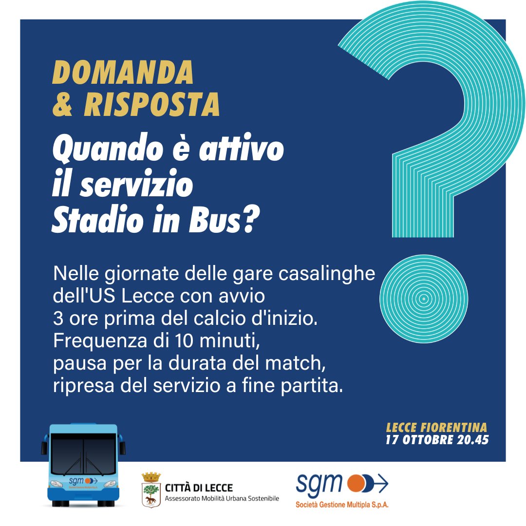 sgmlecce's tweet photo. 🚌𝐕𝐚𝐢 𝐚𝐥𝐥𝐨 𝐬𝐭𝐚𝐝𝐢𝐨 𝐢𝐧 𝐛𝐮𝐬, 𝐬𝐞𝐫𝐯𝐢𝐳𝐢𝐨 𝐚𝐭𝐭𝐢𝐯𝐨 𝐝𝐚𝐥𝐥𝐞 𝟏𝟕.𝟒𝟓⚽️
Oggi, per Lecce-Fiorentina, è attivo il servizio che consente di raggiungere lo stadio, utilizzando il trasporto pubblico locale.

Tutte le info qui https://t.co/SGkNWzxNRN
#sgmlecce https://t.co/fFxsSXsXAn