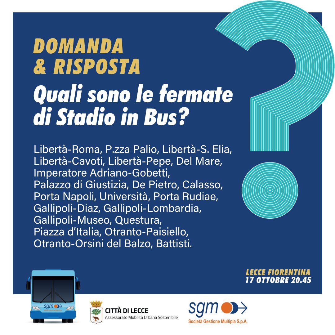 sgmlecce's tweet photo. 🚌𝐕𝐚𝐢 𝐚𝐥𝐥𝐨 𝐬𝐭𝐚𝐝𝐢𝐨 𝐢𝐧 𝐛𝐮𝐬, 𝐬𝐞𝐫𝐯𝐢𝐳𝐢𝐨 𝐚𝐭𝐭𝐢𝐯𝐨 𝐝𝐚𝐥𝐥𝐞 𝟏𝟕.𝟒𝟓⚽️
Oggi, per Lecce-Fiorentina, è attivo il servizio che consente di raggiungere lo stadio, utilizzando il trasporto pubblico locale.

Tutte le info qui https://t.co/SGkNWzxNRN
#sgmlecce https://t.co/fFxsSXsXAn