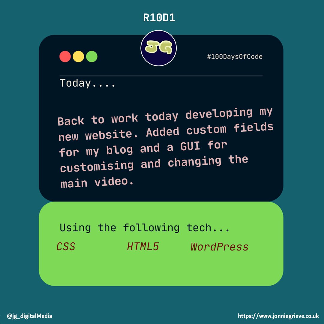jg_DigitalMedia's tweet photo. R10D1: Back to work today developing my new website. Added custom fields for my blog and a GUI for customising and changing the main video.  #100DaysOfCode   #RoundTen  #WordPress  #PHP https://t.co/diDFHPt5w3
