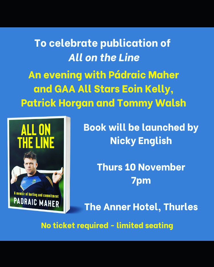 padraic maher (@padraic_maher) on Twitter photo To celebrate the publication of my memoir All on the Line in November, we’ve put a really exciting event together taking place on Thursday November 10. Kept the date free for what will hopefully be a great bit of craic on the night <a href="/thurlessars/">Thurles Sarsfields</a> <a href="/TipperaryGAA/">Tipperary GAA</a> <a href="/DurlasOgGAA/">Durlas Óg</a> To celebrate the publication of my memoir All on the Line in November, we’ve put a really exciting event together taking place on Thursday November 10. Kept the date free for what will hopefully be a great bit of craic on the night <a href="/thurlessars/">Thurles Sarsfields</a> <a href="/TipperaryGAA/">Tipperary GAA</a> <a href="/DurlasOgGAA/">Durlas Óg</a>