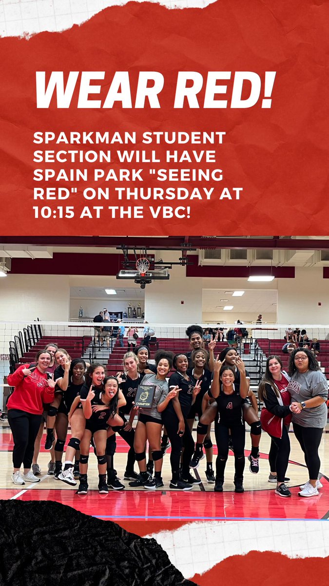 SHSsenatorVB's tweet photo. Sparkman student body...listen up! We want to see you out at the VBC on Thursday, October 20th at 10:15 wearing #RED to show your support for the #ShsSenatorVB as they compete in the #SuperRegionals See the attendance office for your excuse form! #WIN https://t.co/n2dimLy4lt