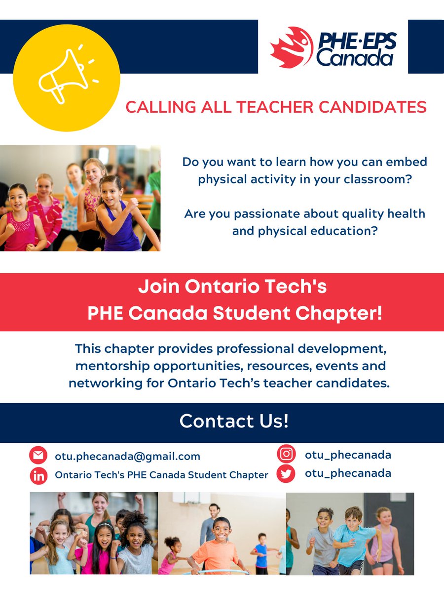 otu_phecanada's tweet photo. •TEACHER CANDIDATES•

Big things coming for your OTU PHE Student Chapter! Sign up to be a general member today!

•Find innovative ways to embed physical activity into your classroom!
•Stay connected with other teacher candidates who are passionate about Phys Ed and Health! https://t.co/WuJySSA7Si