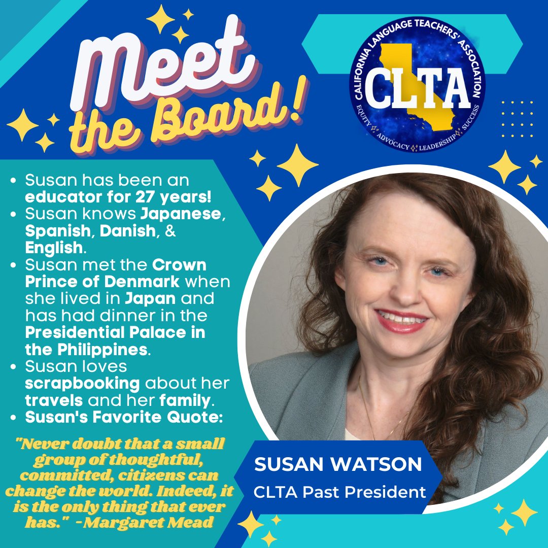 CLTAtweets's tweet photo. It's Meet the Board Monday! Let's get to know our dedicated CLTA Past President, Susan Watson, @watsonsensei!  #MeetTheBoardMonday #CLTA2022 #CLTA2023 https://t.co/JMy8YdcKI2
