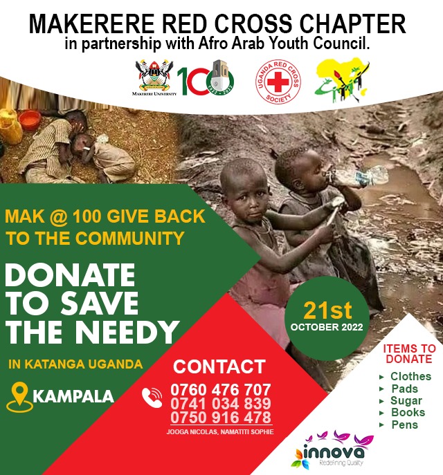 @Makerere AAYC chapter together with @UgandaRedCross Makerere chapter will be making a donation to  the community of Katanga Wandegeya.
Items to donate include clothes,pads, sugar among others.

#savelives
#makAt100