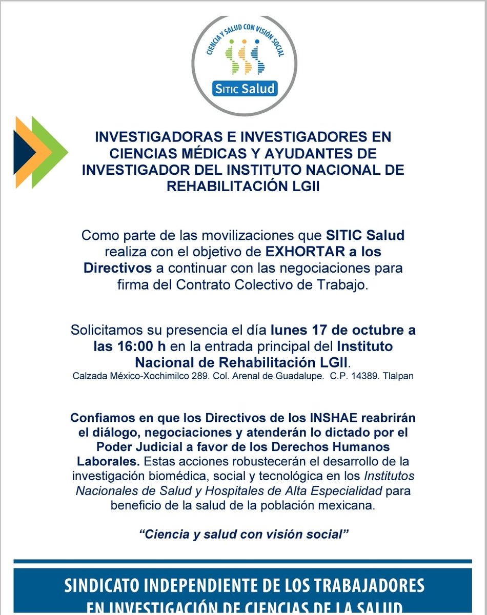 #HOY Exhortaremos a Directivos del Instituto Nacional de Rehabilitación <a href="/INR_MX/">Instituto Nacional de Rehabilitación</a> de la <a href="/SSalud_mx/">SALUD México</a> para continuar con firma de #ContratoColectivoDeTrabajo para Investigadoræs en Ciencias Médicas y Ayudantes de Investigador 

<a href="/STPS_mx/">STPS México</a> <a href="/GobiernoMX/">Gobierno de México</a> <a href="/LuisaAlcalde/">Luisa Alcalde</a> <a href="/SEGOB_mx/">Gobernación</a> <a href="/UCS_GCDMX/">Unidad de Contacto del Secretario SSC CDMX</a>