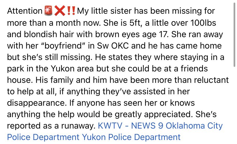 901Lulu's tweet photo. This does not sound right at all. I do not like it. Madisyn Riffe goes on a trip with her boyfriend. He returns. She is nowhere to be found. His family is not helping. Sound familiar? Oklahoma City, OK 🤨 https://t.co/8P62sd5SFa