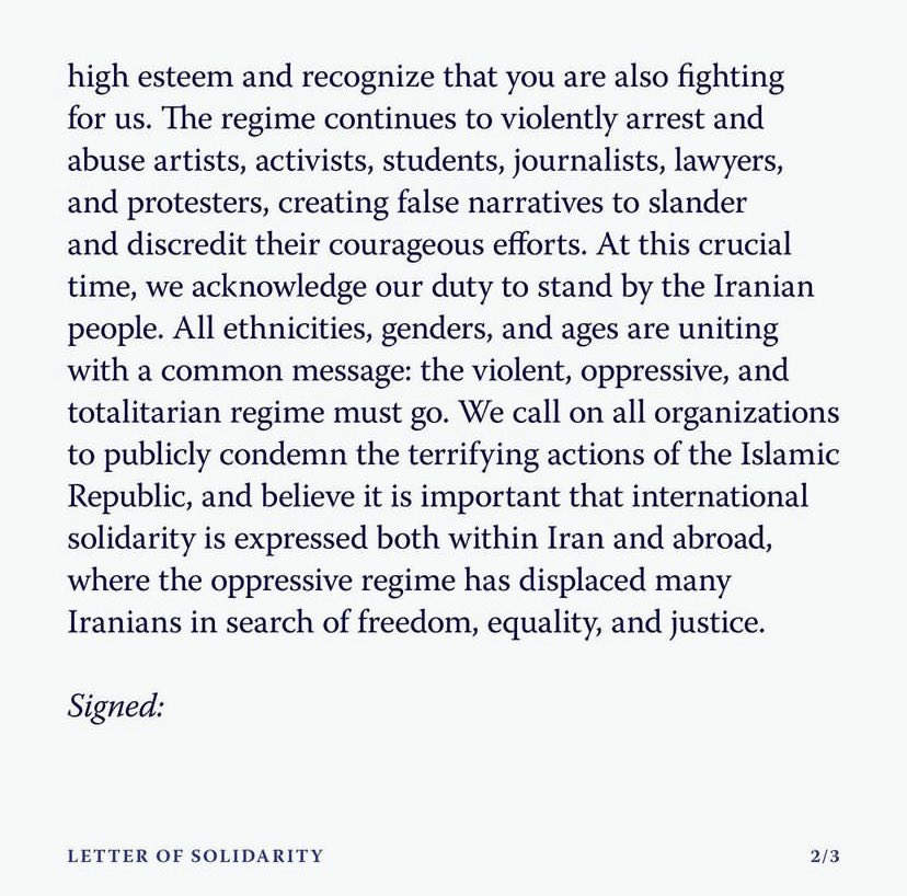 rasmuselling's tweet photo. Letter of solidarity from Danish artists, museums, galleries, creatives, record labels, music venues etc etc in support of #IranProtests #MahsaAmini #ZhinaAmini https://t.co/vEiwiY7776