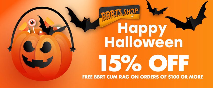bbrts_shop's tweet photo. Don’t miss our Halloween Sale going on now. 15% OFF all orders. Plus, orders of $100 or more get a FREE BBRT cum rag (while supplies last). Start shopping now at https://t.co/RO49R0qDVk. #halloweensale https://t.co/3dD7R84JVO