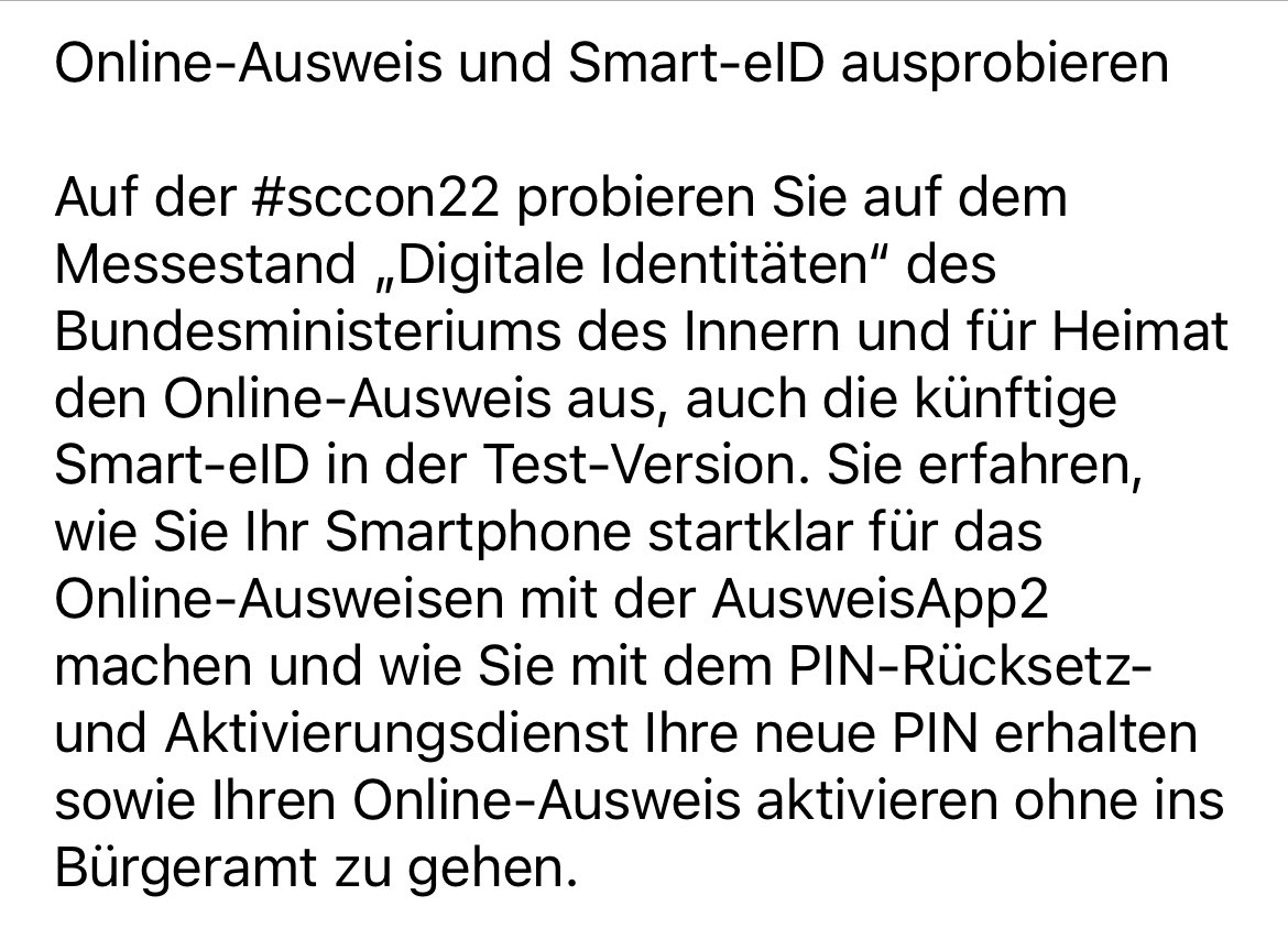 Joerg_Lenz's tweet photo. @Bitkom_Politik Tipp: Vorbeischauen am Stand 303 der @SmartCountryCon - Thema #DigitaleIdentität #DigitaleIdentitäten mit #SmarteID im Test-Version @AusweisApp2 -  PIN-Rücksetzung - @BMI_Bund https://t.co/icRYl1QkRS