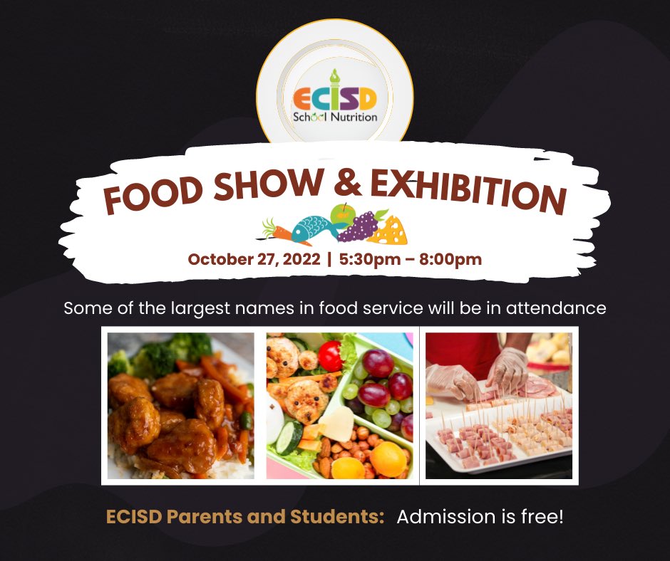 The @ECISDNutrition team is excited for the opportunity to showcase current and possible future menu items and allow ECISD parents and students a chance to vote on them. Some of the largest names in food service will be in attendance. #SchoolNutrition #ECISDFoodShow #TeamECISD