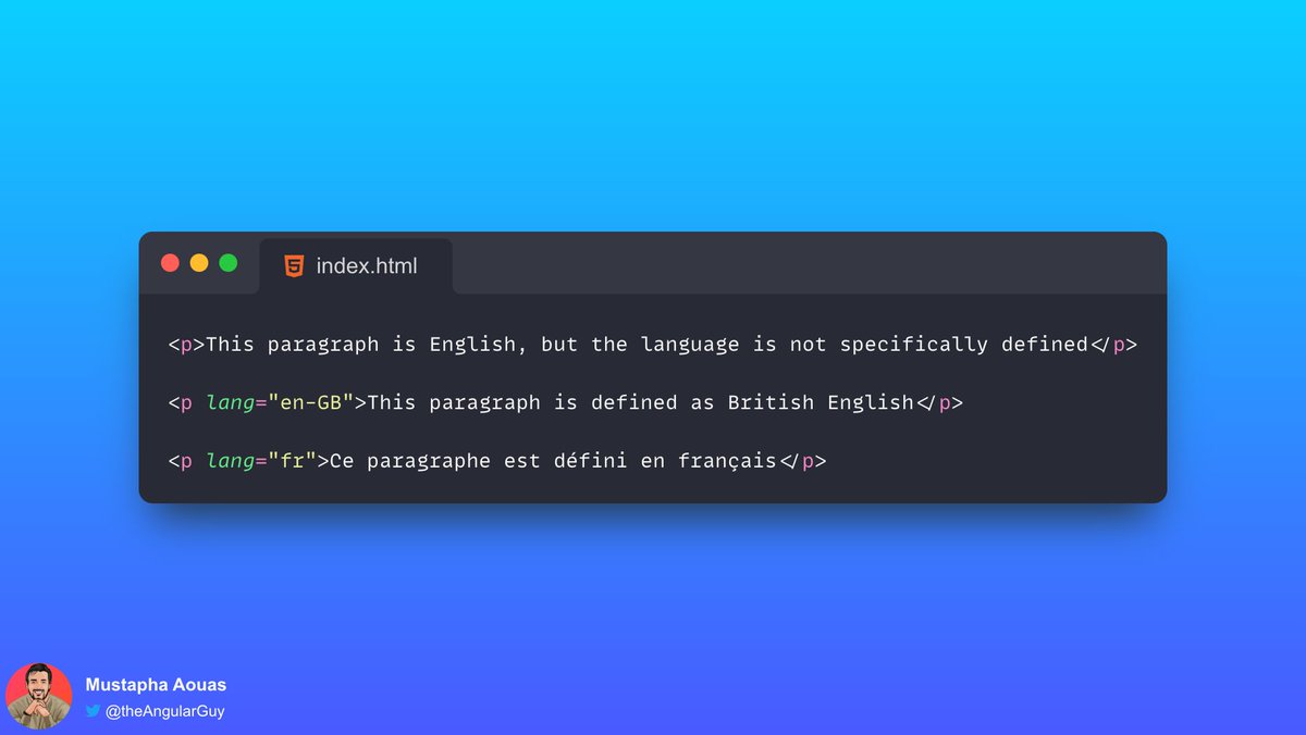 TheAngularGuy's tweet image. 📙 HTML tip: The lang attribute specifies the language in which a content is written in and it can be used to help search engines index your site 👍🚀