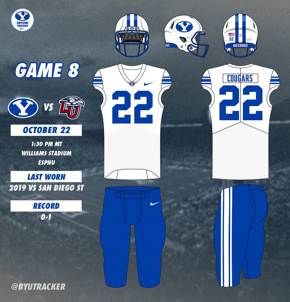 BYUTracker's tweet photo. ⚡️ JUST IN ⚡️
BYU will wear the beautiful⚪️⚪️🔵 this weekend on the road at Liberty. Among all "road" uniform combos, where does this one rank?
#byufootball #byutracker https://t.co/852f2P6oyG