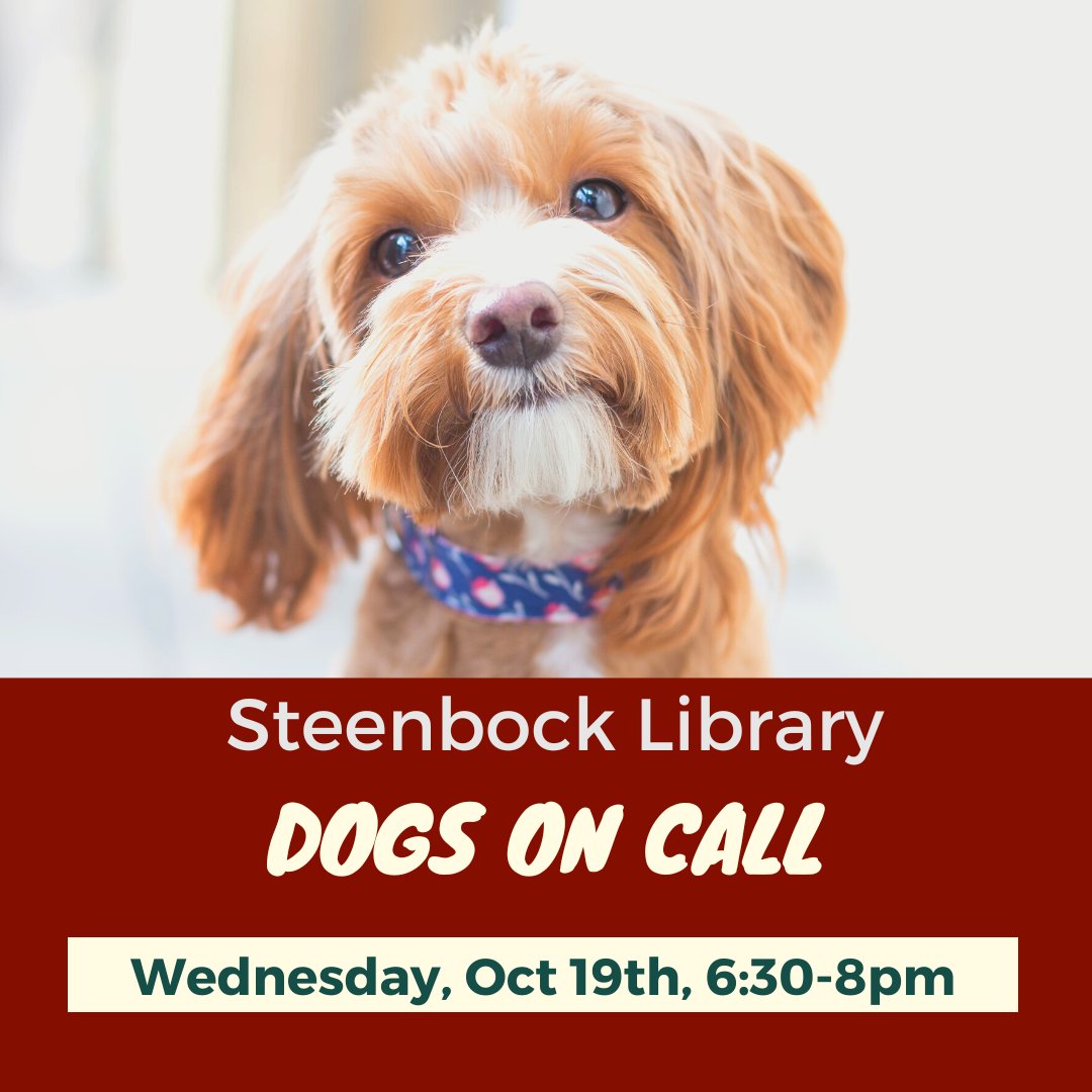 AskSteenbock's tweet photo. Pet a therapy pup this week! Dogs on Call will be at Steenbock Library on Wed 10/19 from 6:30-8pm. The dogs have been missing you... https://t.co/GgzNsOkM2f