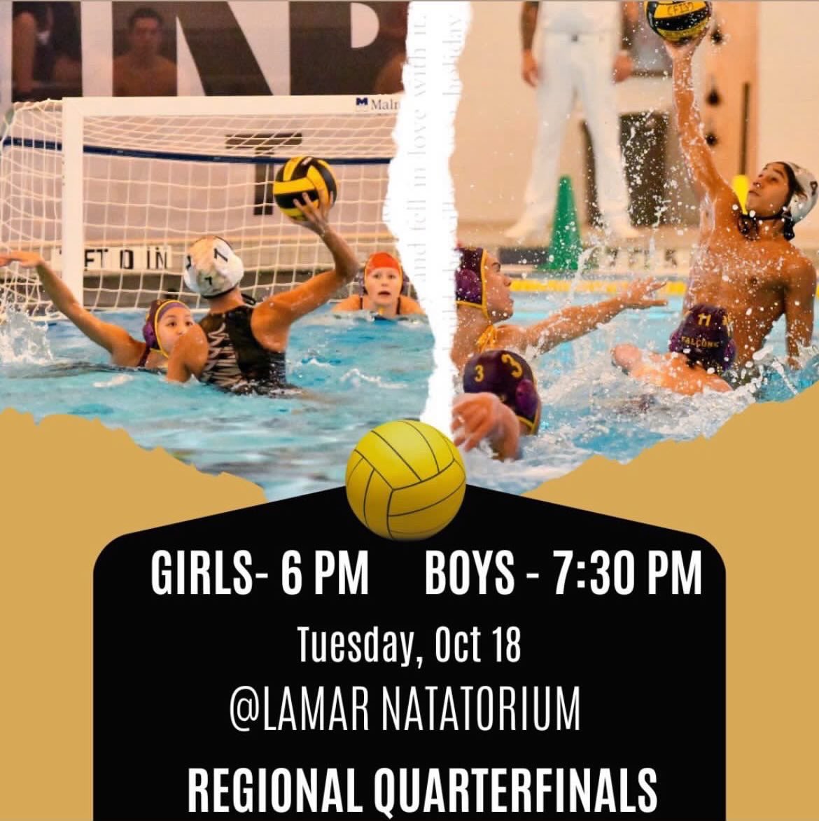 fosterhselite's tweet photo. FALCONS!! Come on out tomorrow to support our water polo team !! You’ll be AMAZED at how awesome our falcons are!! Let’s bring some energy to the natatorium this week!! 🦅🤽🏼‍♂️ @FosterSwim @FHSStudentNews @FHSABC_TX @FosterSportsMed @fosterstuco @foster_deca #neversettle #ptn #ffnd https://t.co/kiah9Gc4Of