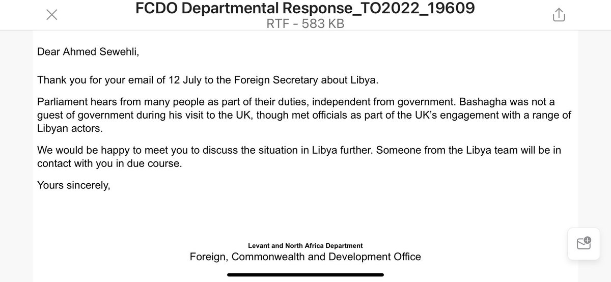 LibyanIntegrity's tweet photo. I wrote to Liz Truss about improper conduct by MPs re Fathi #Bashagha, Haftar, the Russian connection AND lobbyists on the 12th July. I received a response from @FCDOGovUK on 8th August. Here are 3 screenshots. I also wrote to others about this #Fullbrook #Libya @Gabriel_Pogrund https://t.co/DYvGus4pYg