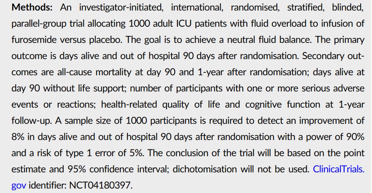 This GODIF trial looks awesome! Goal directed fluid removal with furosemide vs placebo ➡️1000 ICU patients with fluid overload ➡️furosemide infusion vs placebo ➡️1⃣ outcome - days alive & out-of-hospital at day 90 Stay up-to-date with the literature criticalcarereviews.com/latest-evidenc…