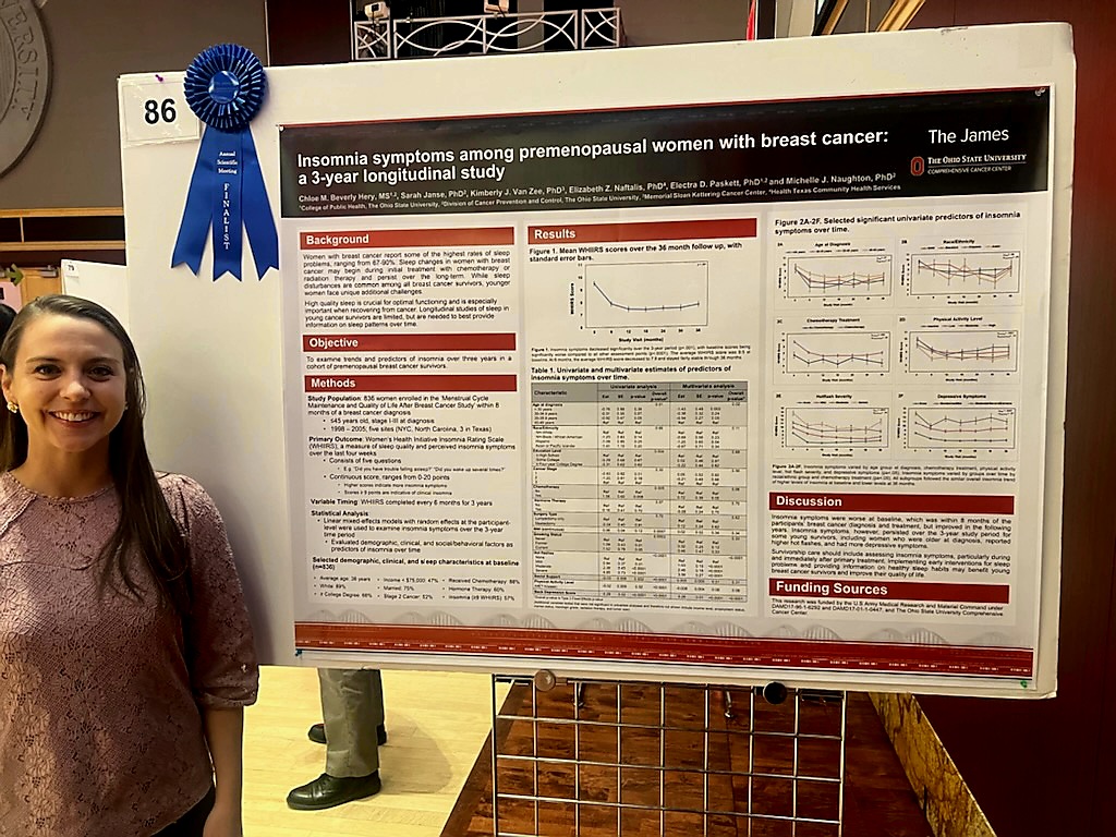 chloemhery's tweet photo. My poster on longitudinal insomnia symptoms in young breast cancer survivors finished 1st place in the 'Population Sciences' category 🏆 at @OSUCCC_James Annual Scientific Meeting. Thankful for all the research opportunities here! #BreastCancer #CancerResearch #SleepResearch https://t.co/nQGX8LqaWc