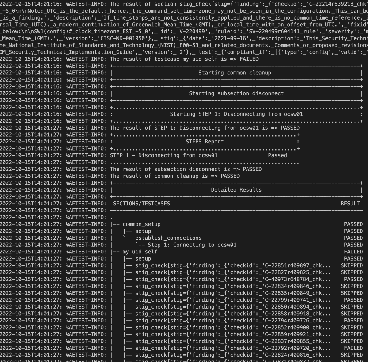 somewolfe's tweet photo. I'm working with pyATS, and looping over a number of tests that are given a healthily-sized dict for input. 

This makes the output.. less than useful. I haven't been able to figure out how to manually set the test name aside from the function name/input combo it uses.

Any tips? https://t.co/nFdgDDqVD3