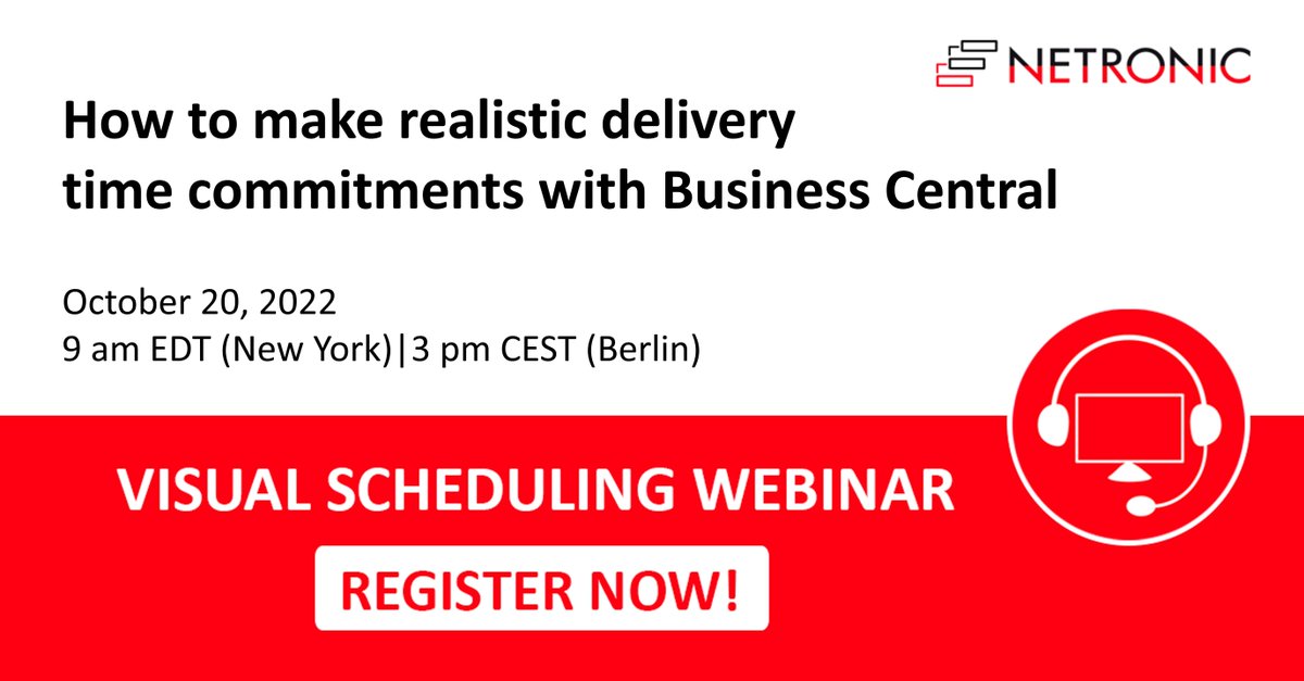NetronicSoft's tweet photo. 📢Don't miss webinar "How to make realistic delivery time commitments with Business Central" https://t.co/eJ0NAQmHyx
#visualschedulingsoftware
#businesscentral
#MSDynNAV
#mspartner #isvs
#nav
#netronic
#visual #scheduling #gantt #extensions #add-ins https://t.co/oDyxvmtIor